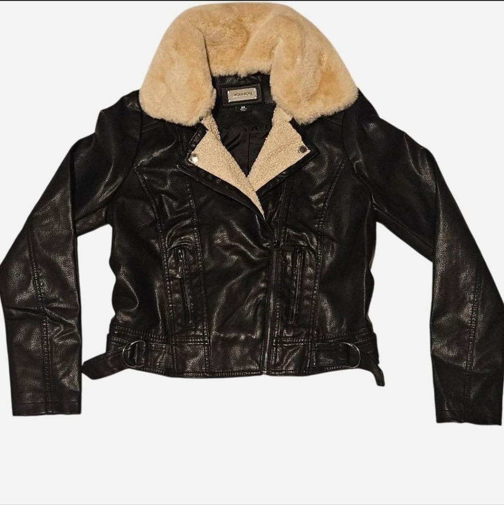 Macy's Black Leather Jacket with Cream Collar